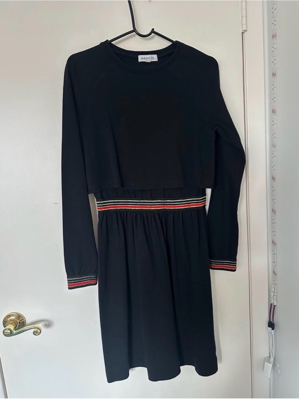 Harper Black Long-Sleeve Dress with Multicolor Striped Trim